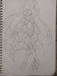 absurdres android arm_above_head arm_up armor armored_boots armored_gloves bikini bikini_armor bodysuit boots breasts chest_jewel covered_navel darkbreakerex dragon fairy_leviathan_(mega_man) floating forehead_jewel gem hand_jewel helmet highres holding holding_polearm holding_weapon ice_dragon invisible_chair jewelry joints knee_pads looking_at_viewer mechanical_arms mega_man_(series) mega_man_zero_(series) navel pet petting photo_(medium) polearm robot_girl robot_joints see-through_body simple_background sitting sketch sketchbook smile swimsuit thigh_boots thighhighs thighhighs_under_boots traditional_media underboob weapon white_background