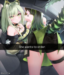 2girls animal_ear_fluff animal_ears arknights ass black_shorts breasts car_interior cat_ears cat_girl cleavage commentary_request dress green_dress green_eyes green_hair he_wants_to_order_(meme) highres kal&#039;tsit_(arknights) large_breasts looking_at_viewer medium_breasts meme mon3tr_(arknights) multicolored_hair multiple_girls paid_reward_available short_hair shorts sideboob sitting tail thigh_strap thighs twitter_username two-tone_hair variant_set yeosi