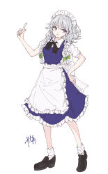 Rule 34 | 1girl, absurdres, apron, blue eyes, bow, braid, commentary, full body, green bow, grey hair, hair bow, highres, izayoi sakuya, kashiwada kiiho, loafers, long hair, maid, maid headdress, shoes, short sleeves, signature, simple background, socks, solo, touhou, twin braids, waist apron, white apron, white background, white socks