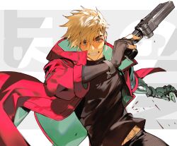 1boy agl_arms_.45_long_colt black_gloves black_pants black_shirt blonde_hair blue_eyes break-action_revolver citronplanet coat cowboy_shot earrings glasses gloves grey_background grin gun handgun highres holding holding_gun holding_weapon jewelry long_sleeves looking_at_viewer low_bore_axis_revolver male_focus mole mole_under_eye orange-tinted_eyewear pants partially_fingerless_gloves prosthesis prosthetic_arm red_coat revolver round_eyewear shirt short_hair single_earring smile solo teeth tinted_eyewear trigun trigun_stampede vash_the_stampede weapon