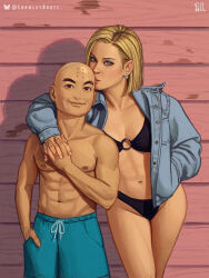 1boy 1girl abs android_18 bald black_eyes blonde_hair blue_eyes breasts cleavage couple dragon_ball happy highres holding_hands hug husband_and_wife kiss kuririn looking_at_viewer muscular muscular_male nipples smile swimsuit thick_thighs thighs