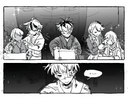 Rule 34 | 2boys, 2koma, 3girls, ahoge, braid, braided ponytail, bridge piercing, comic, eyepatch, face piercing, greyscale, hair between eyes, japanese clothes, jewelry, kamyuhn, kawana tsubasa, kirifuji nozomi, lip piercing, long hair, messy hair, monochrome, multicolored hair, multiple boys, multiple girls, necklace, omokage yugamu, one eye covered, piercing, speech bubble, sumino takumi, the hundred line -last defense academy-, upper body