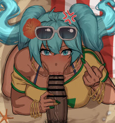 1girl brazilian_miku breasts cyberboi dark-skinned_female dark_skin fellatio hatsune_miku large_breasts long_hair oral penis vocaloid
