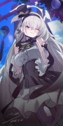 1girl :3 absurdres bare_shoulders black_dress black_gloves black_hairband black_hat black_pantyhose blue_archive blush closed_mouth crossed_bangs detached_sleeves dress earrings flower gloves green_flower green_ribbon hairband hat hat_flower hayate_(1034853996) heart heart_hands highres jewelry long_hair looking_at_viewer official_alternate_costume one_eye_closed pantyhose purple_eyes ribbon sakurako_(blue_archive) sakurako_(idol)_(blue_archive) smile solo torn_clothes torn_pantyhose very_long_hair white_hair
