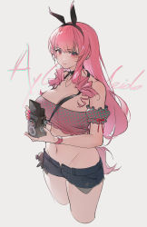 Rule 34 | ayla: kaleido (pgr), ayla (pgr), bow, camera, collar, curly hair, earrings, hair bow, highres, holding, holding camera, jewelry, long hair, looking at viewer, nail polish, navel, pink eyes, pink hair, punishing: gray raven, rabbit bow, short shorts, shorts, smile, torn clothes, xtears kitsune