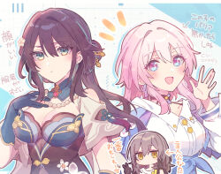 Rule 34 | 3girls, black choker, black gloves, black hair, blue eyes, blue jacket, blush, bra strap, breasts, buttons, choker, cleavage, commentary request, detached collar, double v, earrings, flower ornament, gloves, gradient clothes, gradient jacket, green eyes, green gloves, green pupils, grey hair, hand on own chest, hand up, highres, honkai: star rail, honkai (series), jacket, jewelry, long hair, long sleeves, looking at viewer, march 7th (honkai: star rail), march 7th (preservation) (honkai: star rail), medium breasts, medium hair, multicolored eyes, multiple girls, off-shoulder jacket, off shoulder, open mouth, pink eyes, pink hair, pink pupils, ruan mei (honkai: star rail), shirt, single earring, smile, sorimachi-doufu, stelle (honkai: star rail), tied jacket, trailblazer (honkai: star rail), two-tone eyes, underbust, v, white shirt, yellow eyes, yellow pupils