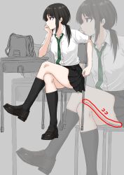 1girl absurdres bag black_eyes black_hair black_skirt black_socks chair crossed_legs desk expressionless fuku_(fuku12290574) full_body green_necktie highres low_ponytail miniskirt necktie original ponytail puffy_short_sleeves puffy_sleeves school_bag school_uniform shirt short_sleeves sitting skirt socks solo white_shirt