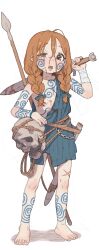 1girl absurdres barefoot blue_tunic braid brown_eyes brown_hair commentary english_commentary fang full_body highres holding holding_sword holding_weapon long_hair missing_eye open_mouth original polearm possummachine scar scar_across_eye scar_on_face skull solo spear standing sword tattoo toes tribal_tattoo tunic twintails weapon white_background