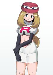 1girl aqua_eyes black_gloves blush brown_hair closed_mouth commentary_request cosplay cropped_jacket elbow_gloves eyelashes eyewear_on_headwear game_freak gloves hand_on_own_wrist hat jacket jessie_(pokemon) jessie_(pokemon)_(cosplay) knees logo long_hair makino_harumaki midriff navel nintendo pokemon pokemon_(anime) pokemon_xy red_hat serena_(pokemon) skirt smile solo sunglasses white-framed_eyewear white_jacket white_skirt