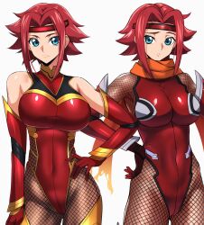 :o adapted_costume artist_name ass back bare_shoulders blue_eyes boots breasts closed_mouth code_geass commentary_request commission contrapposto covered_navel dated dual_persona elbow_gloves feet_out_of_frame fishnet_pantyhose fishnets gloves gold_trim hair_intakes hand_on_own_hip headband heattech_leotard highleg highleg_leotard highres index_finger_raised kouzuki_kallen large_breasts leotard looking_at_viewer looking_back mecha_pilot_suit multiple_views orange_scarf pantyhose parted_lips pixiv_commission red_boots red_gloves red_hair red_headband red_leotard scarf short_hair sidelocks sideways_glance signature simple_background standing thigh_boots thighs turtleneck white_background yoo_tenchi