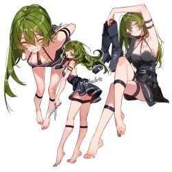 1girl armpits bare_legs bare_shoulders barefoot belt bent_over black_belt black_gloves black_shirt black_skirt boots breasts cleavage crossed_legs gloves green_hair hair_between_eyes highres holding holding_boots holding_footwear holding_scissors holding_unworn_clothes long_hair medium_breasts multiple_views purple_eyes scissors shirt skirt smile sousou_no_frieren spread_toes sydus toes twintails ubel_(sousou_no_frieren) unworn_boots white_background