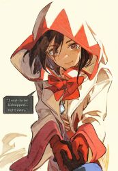 1boy 1girl blue_wrist_cuffs bodysuit bow bowtie brown_eyes brown_hair closed_mouth crow0cc crystal dialogue_box english_text final_fantasy final_fantasy_ix garnet_til_alexandros_xvii gloves hair_between_eyes highres hood hood_up hooded_robe jewelry light_blush light_smile looking_at_viewer orange_bodysuit pendant red_bow red_bowtie red_gloves red_trim robe shirt speech_bubble upper_body white_mage_(final_fantasy) white_robe white_shirt wrist_cuffs zidane_tribal