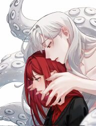 Rule 34 | 2girls, a pathoform, black sweater, collared shirt, degrees of lewdity, from side, highres, ivory wraith, long hair, multiple girls, player character (degrees of lewdity), player character (female) (degrees of lewdity), red eyes, red hair, red shirt, shirt, simple background, sweater, tentacles, white background, white hair
