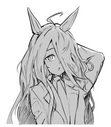 1girl absurdres animal_ears arm_behind_head arm_up coat collared_shirt greyscale hair_over_one_eye hand_up highres horse_ears horse_girl long_bangs long_hair long_sleeves manhattan_cafe_(umamusume) monochrome necktie open_clothes open_coat ringring_(artist) shirt simple_background solo umamusume very_long_hair white_background