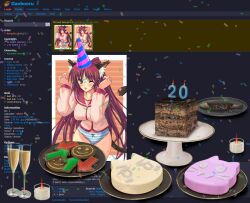 1girl 2000s_(style) :3 ;p albert_yi animal_ear_fluff animal_ears aqua_panties arrow_(symbol) birthday blue_bow blush border borrowed_character bow bow_panties breasts brown_eyes cake cake_stand candle cat_ears cat_girl cat_tail champagne_flute chocolate_cake collarbone colored_stripes commentary commission confetti cookie cowboy_shot cup danbooru_(site) drinking_glass english_commentary english_text facial_mark fine_9725 food grape-flavored_blobcat grey_background groin hands_up highres jitome kemomimi-chan_(naga_u) kemonomimi_mode kousaka_tamaki kyogoku_shin large_breasts long_hair long_sleeves looking_at_viewer milestone_celebration no_pants non-web_source one_eye_closed original outside_border panties parted_bangs party pink_shirt plate red_hair red_sailor_collar sailor_collar school_uniform screenshot_background serafuku shirt sidelocks smile smiley_face solo standing straight_hair striped_clothes striped_panties tag_(concept) tail the_feeshe thigh_gap thighhighs thighs to_heart_(series) to_heart_2 tongue tongue_out two_side_up underwear v-shaped_eyes very_long_hair w_arms watermark web_address webpage whisker_markings white_border white_panties white_thighhighs