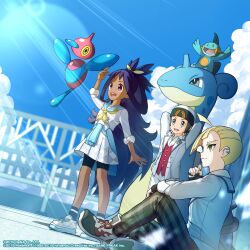 1girl 2boys arms_behind_head black_headband blonde_hair blue_sailor_collar brendan_(academy)_(pokemon) brendan_(pokemon) brown_eyes dark-skinned_female dark_skin day gen_1_pokemon gen_3_pokemon gen_4_pokemon gladion_(academy)_(pokemon) gladion_(pokemon) green_eyes grey_eyes hat headband highres iris_(academy)_(pokemon) iris_(pokemon) lapras long_sleeves marshtomp multiple_boys nintendo open_mouth outdoors pants pokemon pokemon_(creature) pokemon_masters_ex porygon-z purple_hair red_vest sailor_collar shirt shoes short_hair sitting skirt smile sneakers standing striped_clothes striped_pants vest white_hat white_shirt white_shoes white_skirt