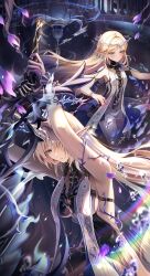 2girls armpit_crease black_collar black_dress blonde_hair blue_eyes blush breasts cartethyia_(wuthering_waves) closed_mouth collar commentary_request crown_of_thorns crying crying_with_eyes_open dress earrings fleurdelys_(wuthering_waves) highres holding holding_sword holding_weapon horns jewelry karen_(navy_42) korean_commentary large_breasts long_hair medium_breasts multiple_girls parted_lips pointy_ears sad single_horn smile sword tabard tacet_mark_(wuthering_waves) tears very_long_hair weapon white_tabard wuthering_waves yellow_horns