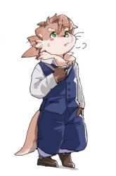 1boy animal_ears blush claws closed_mouth commentary_request fang fang_out full_body furry furry_male green_eyes highres looking_up male_focus otter_(housamo) otter_boy otter_ears otter_tail sweatdrop tail tokyo_houkago_summoners whiskers white_background zimasanda