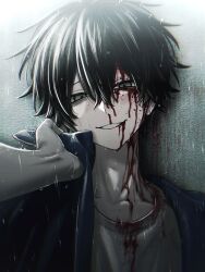 1boy absurdres bags_under_eyes black_hair blood blood_on_clothes blood_on_face blue_jacket blush clothes_grab grey_eyes hair_between_eyes half-closed_eyes highres imai-kun_(imai_akira) imai_akira injury jacket looking_at_viewer male_focus open_clothes open_jacket original pale_skin pov pov_hands rain shirt solo_focus upper_body wet wet_hair white_shirt