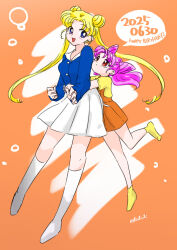Rule 34 | 2girls, bishoujo senshi sailor moon, blue shirt, chibi usa, cone hair bun, double bun, dress, hair bun, hug, lialiali, long hair, multiple girls, orange dress, pinafore dress, pink hair, red eyes, shirt, skirt, sleeveless, sleeveless dress, smile, socks, tsukino usagi, twintails, white skirt, white socks, yellow shirt, yellow socks