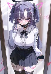 1girl :d alternate_costume bandaid bandaid_on_hand bandaid_on_leg bite_mark bite_mark_on_thigh black_choker black_mask black_ribbon black_skirt black_thighhighs blue_archive breasts cellphone center_frills choker collared_shirt cowboy_shot cross cross_facial_mark cross_hair_ornament ear_piercing facial_mark fang frills hair_ornament hair_ribbon heart heart_hair_ornament holding holding_phone jirai_kei kkato large_breasts long_hair mask_pull multicolored_hair neck_ribbon open_mouth phone piercing pill_hair_ornament purple_eyes purple_hair purple_nails ribbon shirt skin_fang skirt smile solo streaked_hair thighhighs two_side_up white_hair white_shirt x_hair_ornament yuuka_(blue_archive)