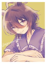 1girl agnes_tachyon_(umamusume) agoumauma2 ahoge animal_ears artist_name brown_hair closed_mouth frilled_shirt frills hair_between_eyes horse_ears horse_girl huge_ahoge looking_at_viewer medium_hair purple_shirt red_eyes shirt signature simple_background smile solo twitter_username umamusume yellow_background