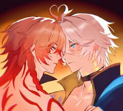2boys adam&#039;s_apple black_choker blonde_hair blue_eyes body_markings choker closed_mouth collarbone collared_shirt commentary english_commentary eye_contact facial_mark forehead-to-forehead from_side gradient_hair hair_between_eyes heads_together heart highres honkai:_star_rail honkai_(series) looking_at_another male_focus multicolored_hair multiple_boys mydei_(honkai:_star_rail) parted_lips phainon_(honkai:_star_rail) phainonsgirlie popped_collar profile red_hair shirt white_hair yaoi yellow_eyes