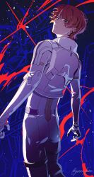 1boy bodysuit brown_eyes brown_hair commentary cowboy_shot gundam gundam_hathaway&#039;s_flash highres lane_aim looking_at_viewer looking_back male_focus mecha mecha_pilot_suit mobile_suit normal_suit_(gundam) penelope_(hathaway&#039;s_flash) robot science_fiction short_hair solo white_bodysuit ymnt_fav
