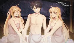 1girl 2girls ahoge artoria_caster_(fate) artoria_caster_(third_ascension)_(fate) artoria_pendragon_(fate) black_hair blonde_hair closed_eyes code_nt commission facial_mark fate/grand_order fate_(series) forehead_mark fujimaru_ritsuka_(male) highres long_hair multiple_girls night night_sky short_hair sky tagme towel