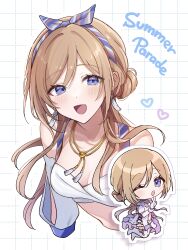 Rule 34 | 1girl, absurdres, blonde hair, blue eyes, chain, character request, chibi, commentary request, earrings, english text, gakuen idolmaster, grid background, hairband, highres, idolmaster, jewelry, necklace, open mouth, soda dokka ikou, solo, white background