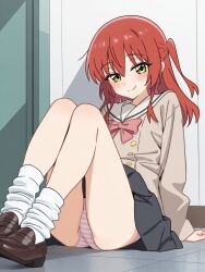 arm_support black_skirt blush bocchi_the_rock! brown_sailor_collar brown_shirt brown_shoes closed_mouth coco_chino commentary_request green_eyes hair_between_eyes highres kita_ikuyo loafers long_hair long_sleeves looking_at_viewer loose_socks one_side_up panties pantyshot pink_panties pleated_skirt red_hair sailor_collar school_uniform shirt shoes shuka_high_school_uniform sitting skirt smile socks striped_clothes striped_panties underwear white_socks