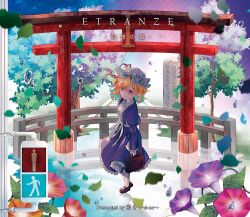 1girl album_cover aqua_hair blonde_hair blue_sky bridge briefcase buttons circle_name closed_mouth cloud colored_inner_hair cover dress eyelashes flower frilled_dress frilled_headwear frilled_sleeves frills full_body grey_eyes hair_between_eyes hat hat_ribbon holding holding_briefcase juliet_sleeves leaf long_dress long_sleeves maribel_hearn medium_hair mixed-language_text mob_cap monicanc multicolored_hair peony_(flower) pink_flower pleated_dress puffy_sleeves purple_dress purple_flower red_flower red_ribbon ribbon sky smile solo standing torii touhou traffic_light translation_request tree waist_ribbon water_drop white_hat white_ribbon xi-on yellow_flower