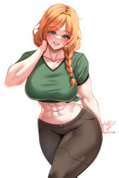 Rule 34 | 1girl, abs, absurdres, alex (minecraft), braid, braided ponytail, brown pants, collarbone, colored eyelashes, commentary, cowboy shot, cropped legs, english commentary, green eyes, hair intakes, hair over shoulder, highres, karma3009, large pectorals, long hair, looking at viewer, minecraft, muscular, muscular female, navel, orange hair, pants, pectorals, shirt, simple background, smile, solo, standing, t-shirt, teeth, white background