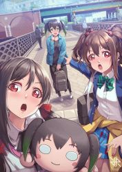3girls black_hair black_pants black_shirt blazer blue_jacket bow bowtie brown_hair character_doll cityscape collared_shirt doll earrings gradient_hair green_bow green_bowtie green_eyes green_hair hair_between_eyes hair_ornament hairclip highres hiroki_ree holding holding_doll in-franchise_crossover jacket jewelry long_sleeves love_live! love_live!_nijigasaki_high_school_idol_club love_live!_school_idol_project medium_hair meme multicolored_hair multiple_girls nesoberi open_clothes open_jacket open_mouth otonokizaka_school_uniform outdoors pants pointing red_eyes school_uniform shirt takasaki_yu twintails two-tone_hair two_soyjaks_pointing_(meme) white_shirt yazawa_cocoa yazawa_cocoro