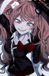 1girl arm_up bear_hair_ornament black_shirt blonde_hair bow breasts cleavage collarbone danganronpa:_trigger_happy_havoc danganronpa_(series) enoshima_junko green_eyes grin hair_ornament heart highres large_breasts long_hair looking_at_viewer mu~u_(payapaya1101) nail_polish necktie red_bow red_nails shirt skirt smile solo teeth twintails