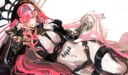 1girl absurdres baobhan_sith_(fate) baobhan_sith_(second_ascension)_(fate) black_panties bracelet breasts commission commissioner_upload detached_sleeves fate/grand_order fate_(series) grey_eyes highres jewelry long_hair looking_at_viewer lying navel non-web_source on_side panties pink_hair pointy_ears resenri revealing_clothes sidelocks sketch smile spiked_bracelet spikes thigh_strap underwear veil white_background