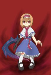 Rule 34 | 1girl, alice margatroid, black shoes, blue dress, bois de justice, capelet, closed mouth, commentary request, cookie (touhou), dies irae, dress, expressionless, frilled hairband, frilled necktie, frilled sash, frills, full body, hair between eyes, hairband, highres, hinase (cookie), looking at viewer, mary janes, nanariku, orange hair, red background, red eyes, red hairband, red sash, sash, shinza bansho series, shoes, short hair, socks, solo, touhou, white capelet, white socks