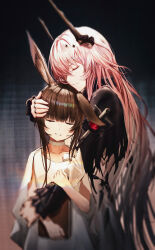 Rule 34 | 2girls, absurdres, amiya (arknights), amiya (young) (arknights), animal ears, arknights, black dress, black horns, blurry, brown hair, chinese commentary, choker, closed eyes, closed mouth, commentary request, dress, hand on another&#039;s head, height difference, highres, horns, hug, jewelry, lens flare, long hair, multiple girls, multiple rings, pink hair, ressec, ring, single ear down, split mouth, theresa (arknights), torn clothes, torn dress, white choker, white dress
