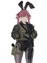 1girl akm animal_ear_hairband armor assault_rifle black_leggings bulletproof_vest camouflage gloves gun handgun heterochromia highres hololive holster houshou_marine jacket kalashnikov_rifle leggings leotard medium_hair mutugorou_u pantyhose playboy_bunny rabbit_ear_hairband rabbit_ears red_eyes red_hair rifle simple_background tactical_playboy_bunny thigh_holster twintails virtual_youtuber weapon white_background yellow_eyes