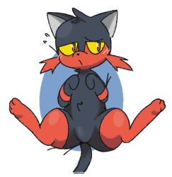 animal_focus blush cat creatures_(company) embarrassed flying_sweatdrops from_above full_body game_freak gen_7_pokemon hands_up legs_up light_blush litten looking_away looking_to_the_side lying nintendo no_humans on_back open_mouth pokemon pokemon_(creature) simple_background solo spread_legs two-tone_background vilepluff white_background