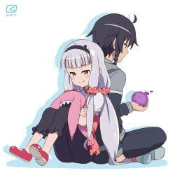 10s 1boy 1girl artist_logo back-to-back black_hair braid casual dated galaktika hoshimiya_kate jimon_asuta kueru kurukuru_(sekai_seifuku) logo long_hair mary_janes miyahara_takuya red_eyes sekai_seifuku:_bouryaku_no_zvezda shoes silver_hair sitting smile stuffed_toy very_long_hair