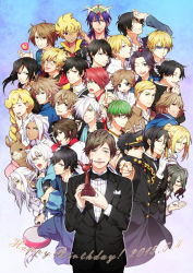 Rule 34 | 00s, 10s, 2015, 6+boys, air (visual novel), ao no exorcist, arthur auguste angel, barakamon, battle spirits, battle spirits: shounen gekiha dan, black hair, blue hair, bow, bowtie, brown hair, crow (nichijou), dated, densetsu no yuusha no densetsu, durarara!!, english text, erwin smith, fang, final fantasy, final fantasy type-0, giant killing, gradient background, green hair, grin, gugure! kokkuri-san, gundam, gundam age, hades (kamigami no asobi), hanase kaoru, handa seishuu, happy birthday, heiwajima shizuo, hosaka (minami-ke), jojo no kimyou na bouken, k-project, kamigami no asobi, koizumi itsuki, kokkuri-san (gugukoku), kunisaki yukito, kuroko no basuke, kuroshitsuji, kuujou joutarou, llama (shirokuma cafe), lucky star, magi the labyrinth of magic, male focus, midorima shintarou, minami-ke, monochrome factor, multiple boys, nichijou, nikaido akira, nine (fft-0), ono daisuke, pointing, pointing at viewer, real life, ryouji (dnpj), satou jun, sebastian michaelis, shingeki no kyojin, shirokuma cafe, sinbad (magi), sion astal, smile, starry sky (game), sumeragi kira, suzumiya haruhi no yuuutsu, tamako market, tongue, tongue out, touzuki suzuya, trophy, tuxedo, umineko no naku koro ni, ushiromiya battler, uta no prince-sama, voice actor, voice actor connection, white hair, woolf enneacle, working!!, yatogami kurou, yoshida luigi