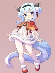 1girl absurdres azur_lane blue_eyes blue_hair commentary double_bun dragon_girl dragon_horns dragon_tail dress full_body hair_bun highres horns lung_wu_(azur_lane) pantyhose shoboimu simple_background solo tail white_pantyhose