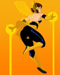 1girl absurdres avengers_(series) black_pants blue_eyes boots breasts brown_hair cadhla182 gloves gradient_background highres janet_van_dyne marvel medium_breasts orange_background pants short_hair solo superhero_costume the_avengers:_earth&#039;s_mightiest_heroes! wasp_(marvel) yellow_boots yellow_gloves