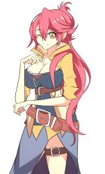 1girl absurdres breasts cleavage commentary cowboy_shot double-parted_bangs eiyuu_densetsu english_commentary hair_between_eyes highres large_breasts long_hair looking_at_viewer one_eye_closed pink_hair sakuraegg sara_valestein sen_no_kiseki_(series) sen_no_kiseki_i simple_background smile solo white_background yellow_eyes