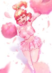 1girl alternate_costume alternate_hairstyle arm_up armpits breasts celica_(fire_emblem) cheerleader cherry cherry_hair_ornament cleavage cleavage_cutout closed_eyes clothing_cutout excited fire_emblem fire_emblem_echoes:_shadows_of_valentia food food-themed_hair_ornament fruit hair_ornament heart_cutout highres large_breasts leg_up lialiar long_hair nintendo open_mouth pink_skirt pink_top pleated_skirt pom_pom_(cheerleading) ponytail red_hair sidelocks skirt thighs