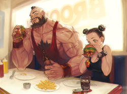 +_+ 1boy 1girl bacon beard beer_bottle biceps black_tank_top booth_seating bottle bracelet breasts brown_hair burger burger_malfunction can capcom casual chest_hair chun-li cleavage collarbone commentary cup double_bun drink drink_can drinking_glass earrings eating elbow_rest eyebrows facial_hair food food_on_face fork french_fries glass_bottle hair_bun hair_pulled_back height_difference holding holding_food impossible_clothes impossible_shirt indoors jewelry ketchup_bottle large_breasts lettuce lips looking_at_another makeup mascara messy mohawk morry muscular mustard_bottle parted_lips plate red_tank_top restaurant scar shirt sitting soda_can sparkling_eyes spiked_bracelet spikes spilling street_fighter sweatdrop table tank_top tomato two-handed window wristband zangief