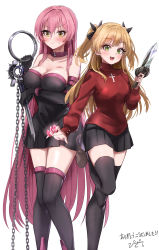 2girls absurdres arm_under_breasts bare_shoulders black_dress black_gloves black_skirt black_thighhighs blonde_hair blush boots breasts brown_footwear chain cleavage closed_mouth collar collarbone cosplay cross dagger dress elbow_gloves embarrassed fang fate/stay_night fate_(series) feet_out_of_frame gem gloves green_eyes highres idolmaster idolmaster_cinderella_girls jougasaki_mika jougasaki_rika knife large_breasts latin_cross leg_up long_hair looking_at_viewer medium_breasts medusa_(fate) medusa_(rider)_(fate) medusa_(rider)_(fate)_(cosplay) miniskirt multiple_girls open_mouth pink_hair pizzasi pleated_skirt red_sweater signature simple_background skirt smile standing standing_on_one_leg strapless strapless_dress sweat sweater thigh_boots thighhighs tohsaka_rin tohsaka_rin_(cosplay) translation_request tube_dress turtleneck turtleneck_sweater two_side_up very_long_hair weapon white_background yellow_eyes zettai_ryouiki