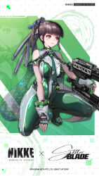 1girl blunt_bangs bodysuit breasts brown_eyes brown_hair commentary english_commentary eve_(stellar_blade) fingerless_gloves full_body gloves goddess_of_victory:_nikke green_bodysuit gun highres holding holding_gun holding_weapon large_breasts long_hair official_art ponytail sidelocks solo squatting stellar_blade weapon white_gloves