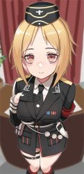 1girl arm_behind_back blonde_hair breasts brown_eyes collared_shirt girls&#039;_frontline gloves highres large_breasts mp40_(girls&#039;_frontline) necktie shirt short_hair smile solo thigh_strap toryu_fufu